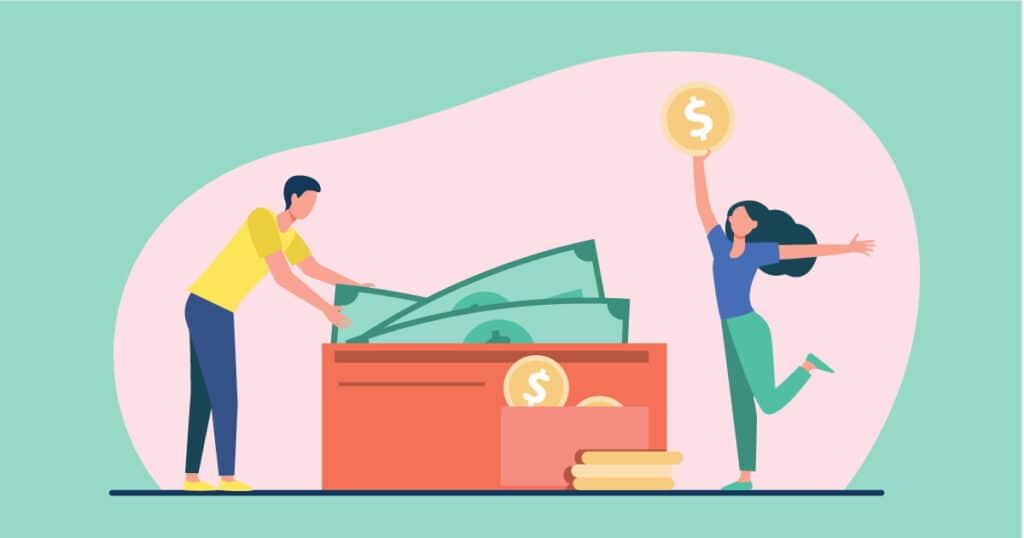 illustration of couple celebrating financial wins and cash in wallet