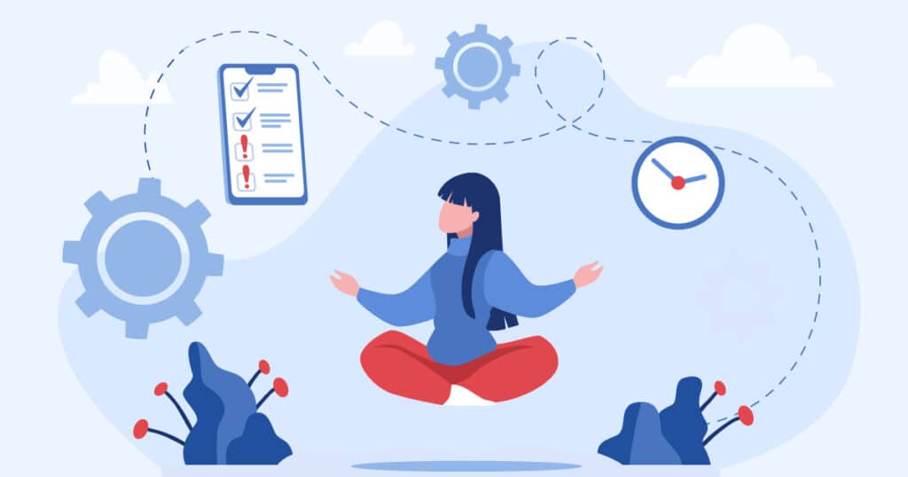 calm businesswoman meditating to help focus and concentrate