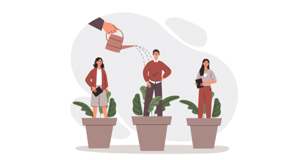 Hand watering team members depicted as potted plants