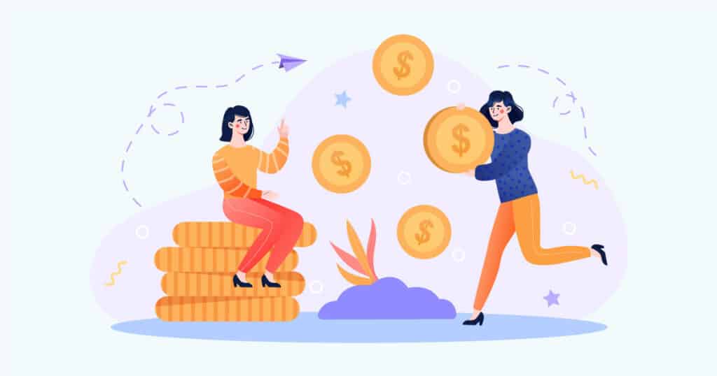 women discussing finances while standing and sitting near a stack of money, vector illustration