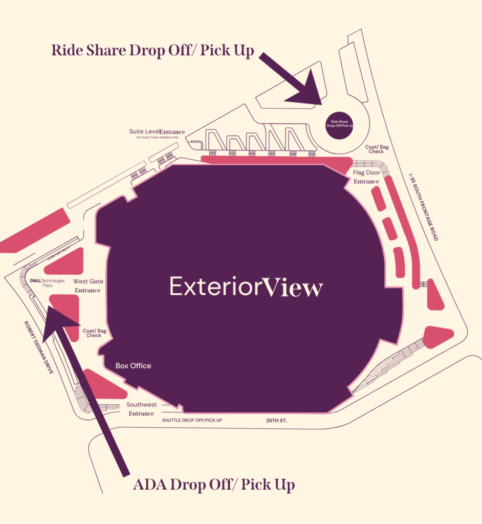 Moody Exterior View map with Pick Up/ Drop Off zones marked.